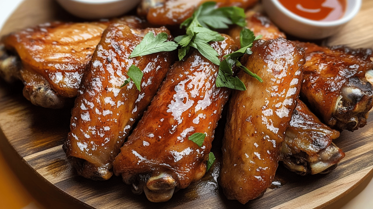 Smoked turkey wings served on a rustic wooden plate with garnish.