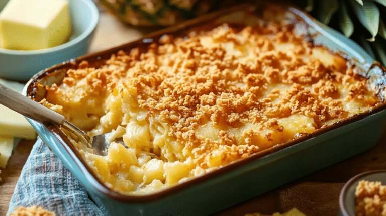 A freshly baked pineapple casserole with a golden cracker topping, surrounded by ingredients in a cozy kitchen.