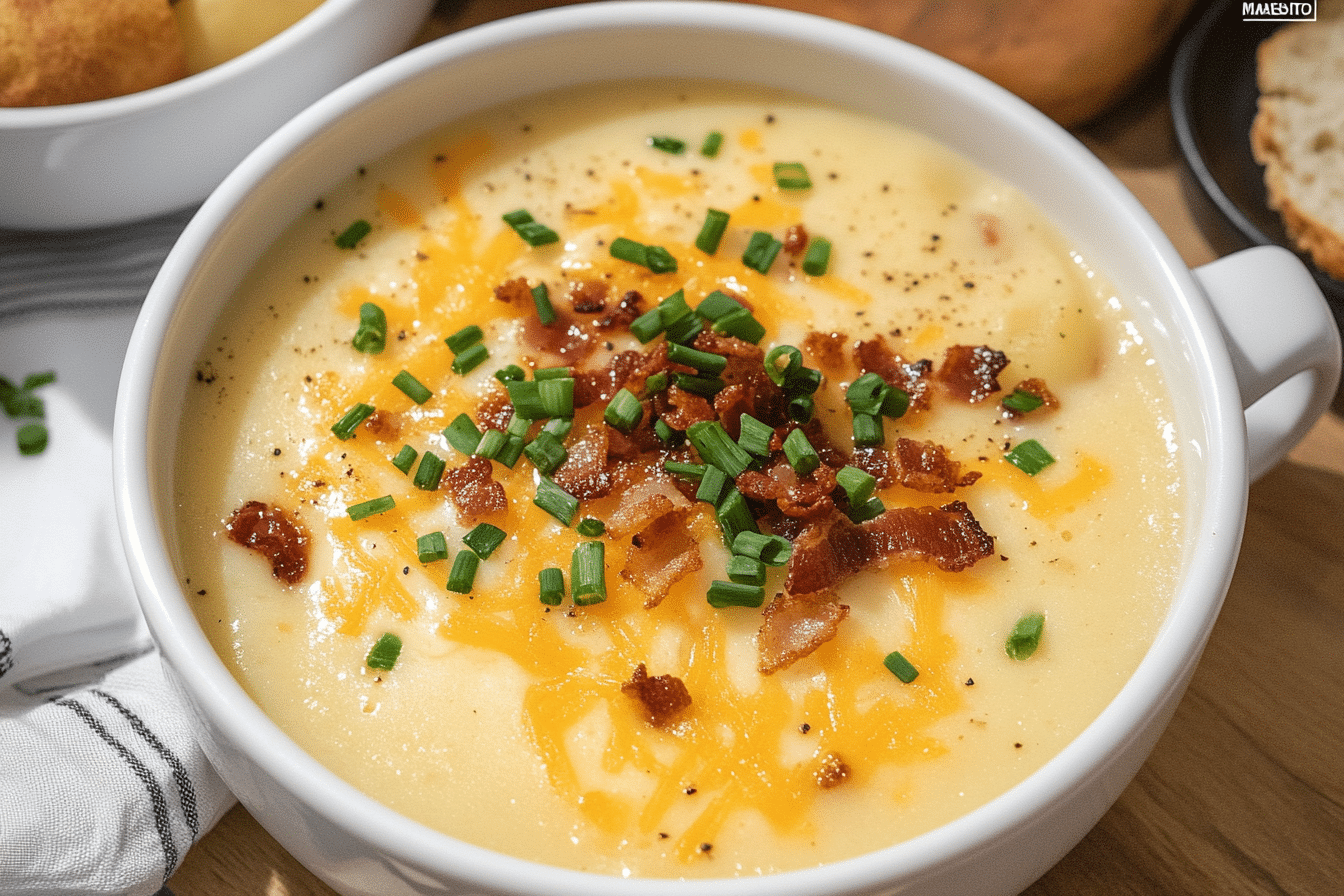 Steaming bowl of cheesy potato soup with bacon and chives.