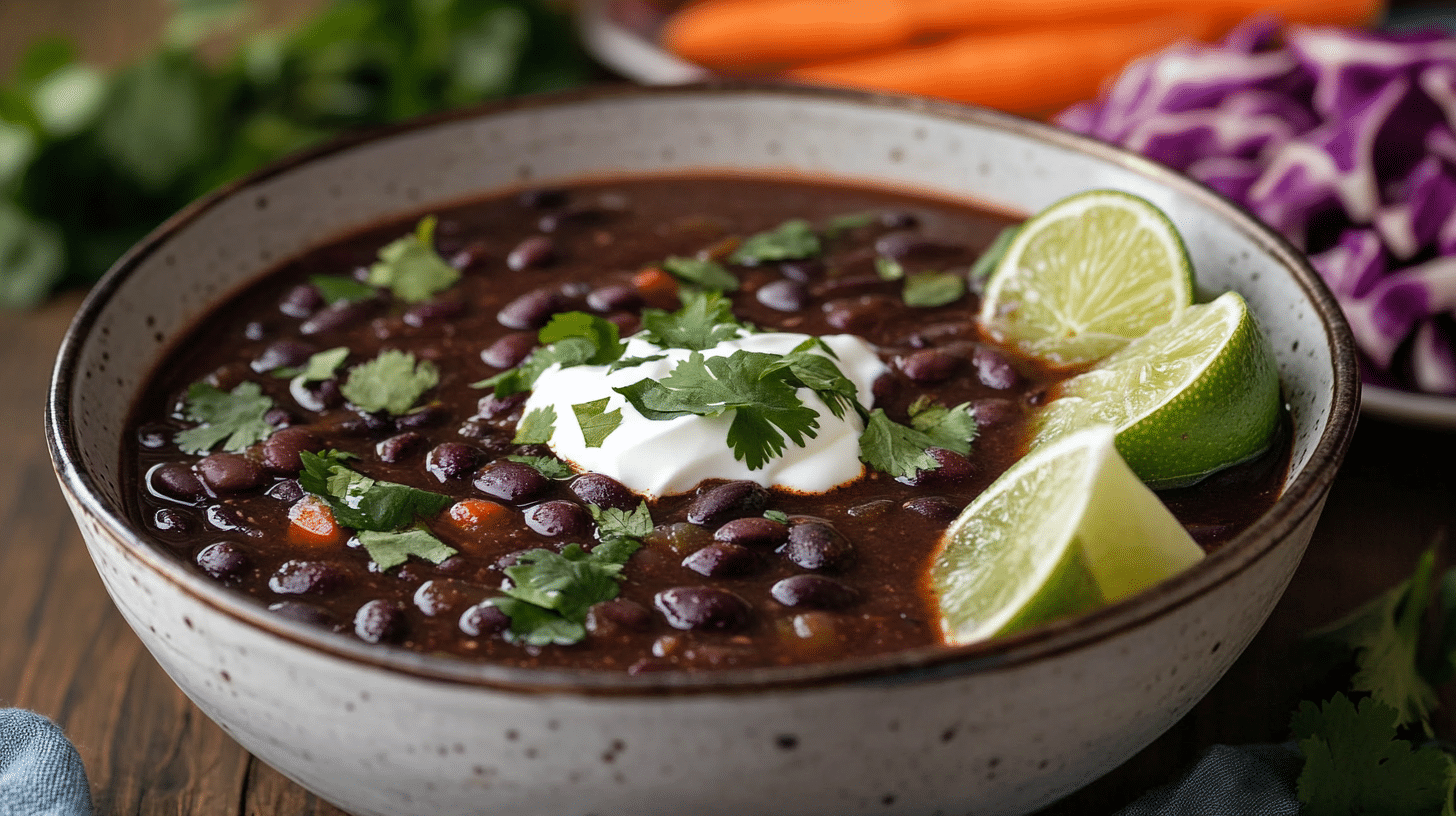 Rustic bowl of vibrant purple black bean soup with fresh garnishes on a wooden table.