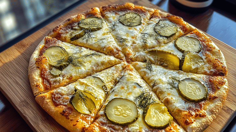 Top-down view of a golden-crusted pizza topped with melted cheese, dill pickles, and fresh dill garnish.