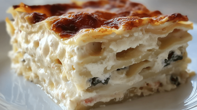 Freshly baked Alfredo Lasagna with golden cheese and parsley garnish on a rustic table.