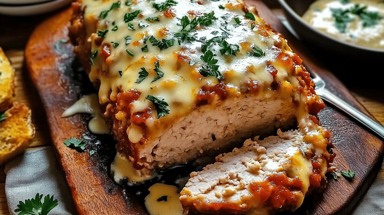 Chicken Cordon Bleu Meatloaf with Marinara Sauce served on a plate