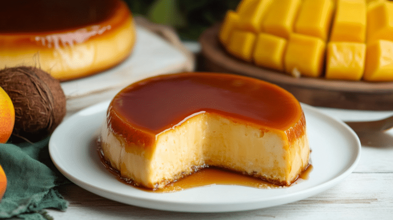 Traditional Venezuelan quesillo with caramel sauce on a white plate surrounded by tropical fruits.
