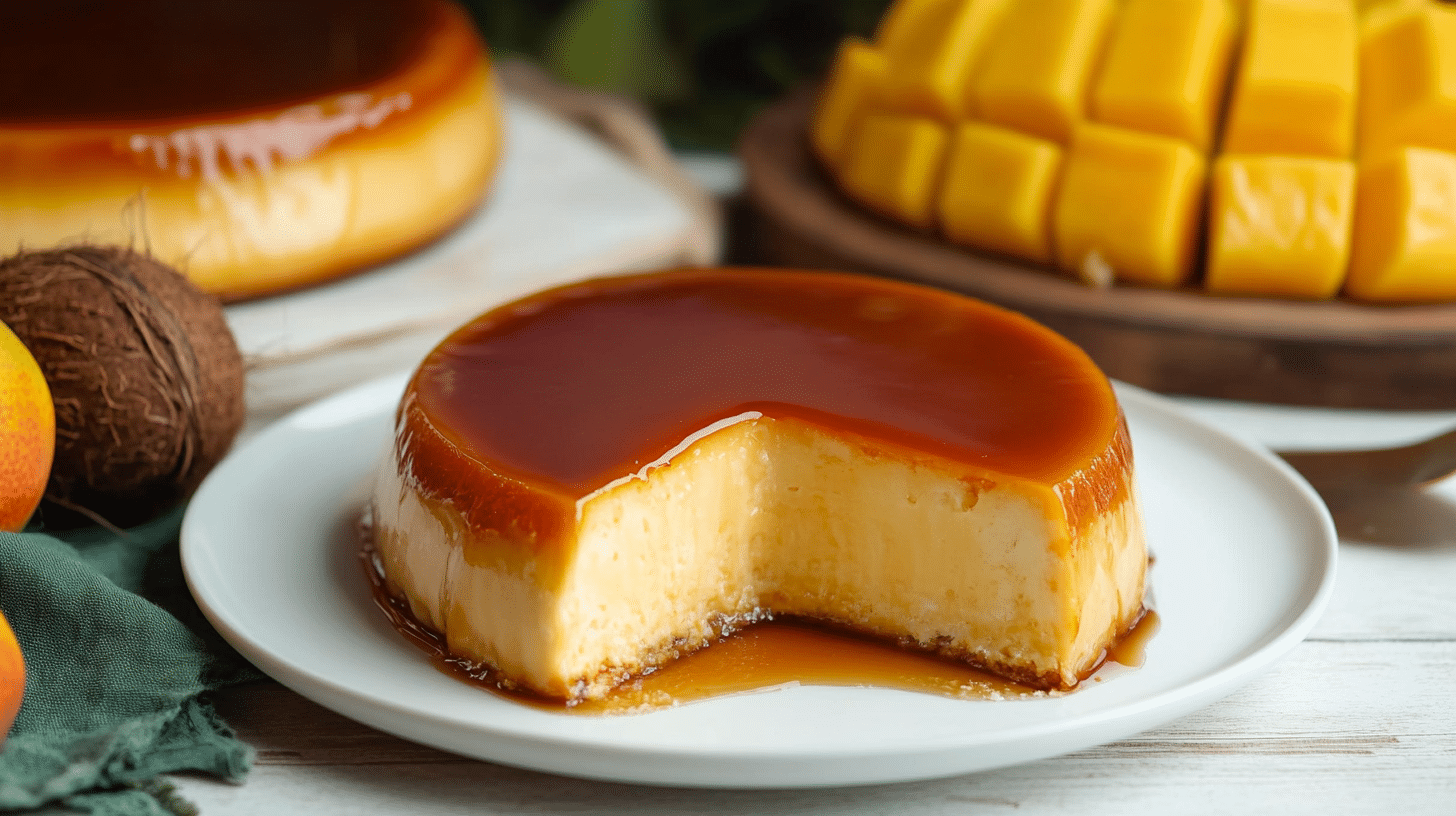 Traditional Venezuelan quesillo with caramel sauce on a white plate surrounded by tropical fruits.
