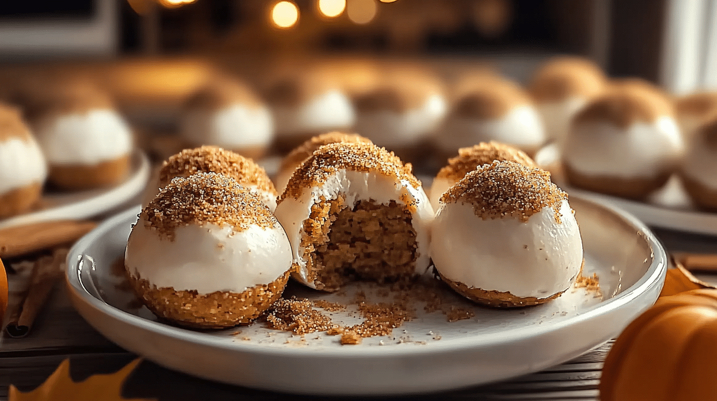 Plate of no-bake pumpkin cheesecake balls