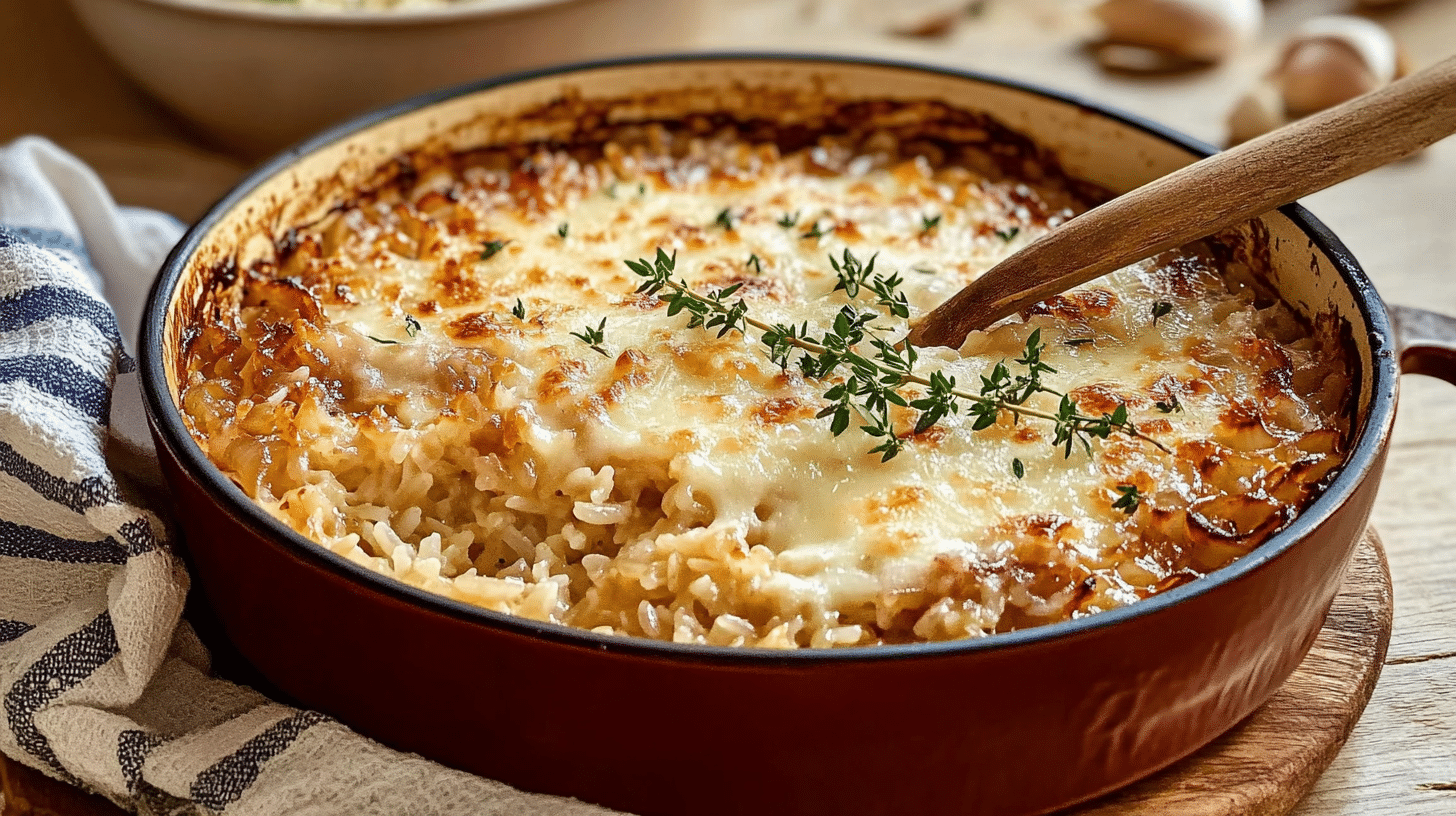 A steaming bowl of French onion soup rice topped with melted cheese.