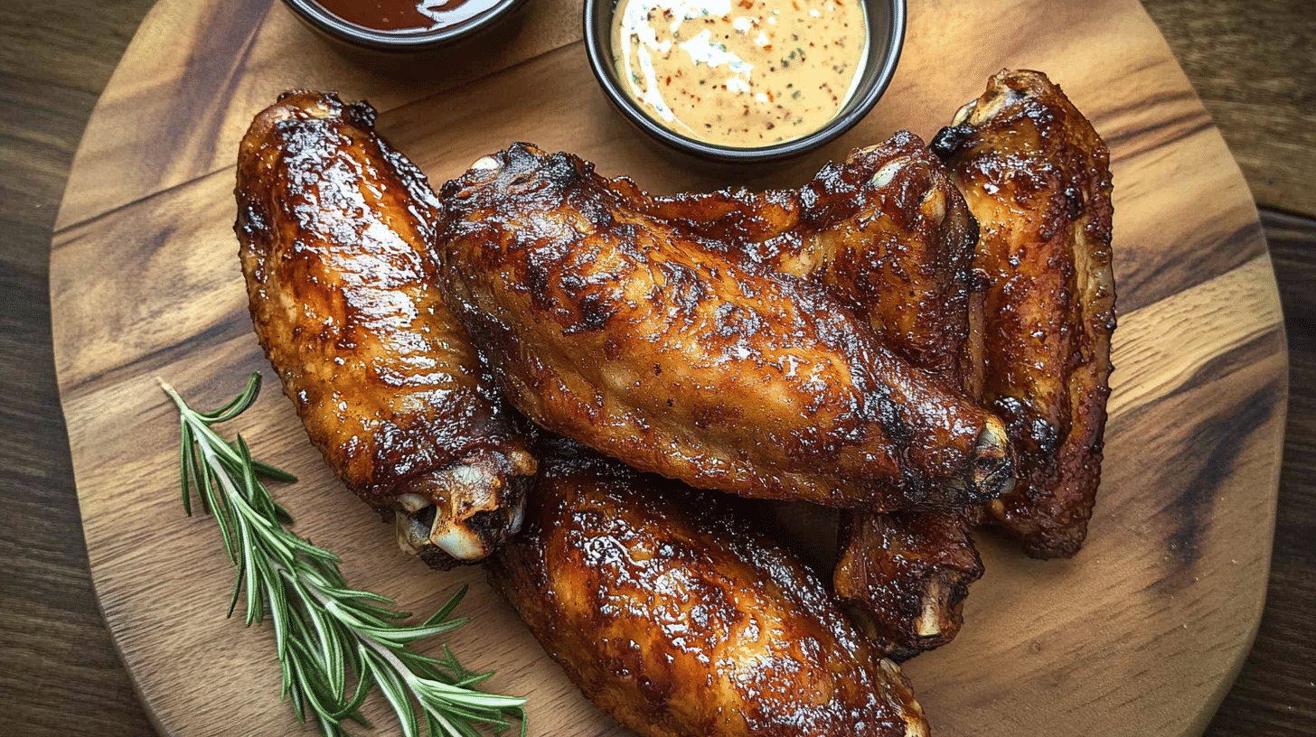 Smoked turkey wing on a wooden plate with barbecue sauce and rosemary.