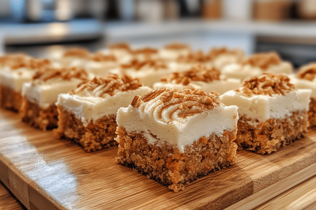 Freshly baked carrot cake bars with cream cheese frosting, cut into squares and arranged on a wooden board.
