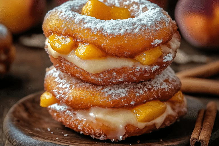 Peach Cobbler Cheesecake Stuffed Donuts stacked with oozing filling.