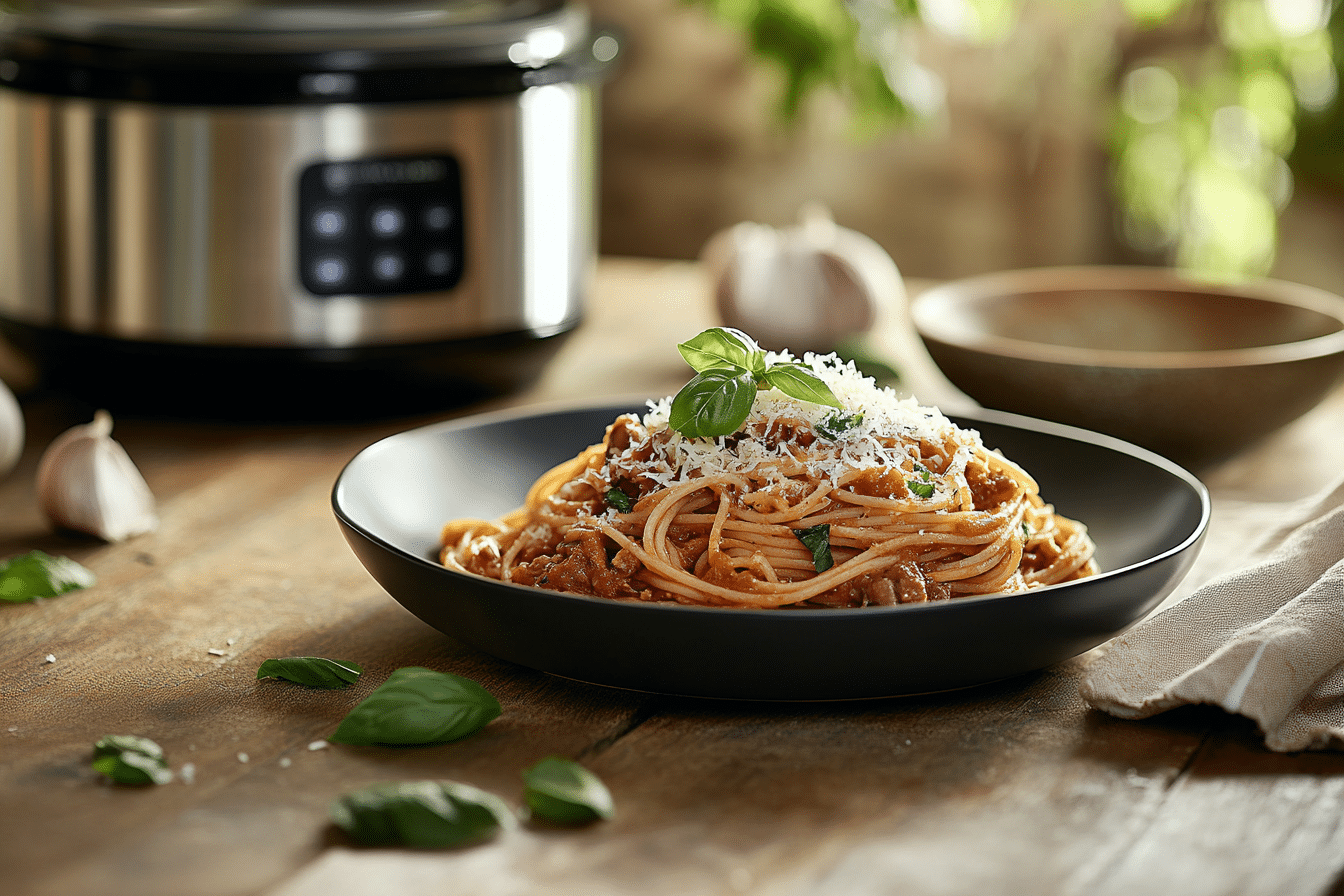 A plate of crockpot spaghetti garnished with fresh basil and Parmesan.