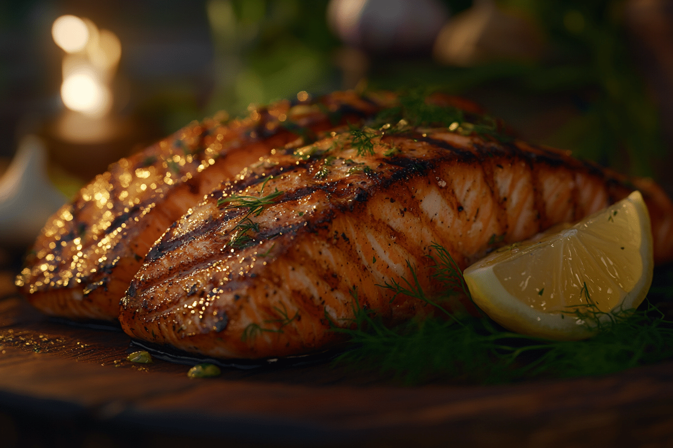 Perfectly grilled King Salmon fillet with golden sear marks, garnished with dill and lemon.