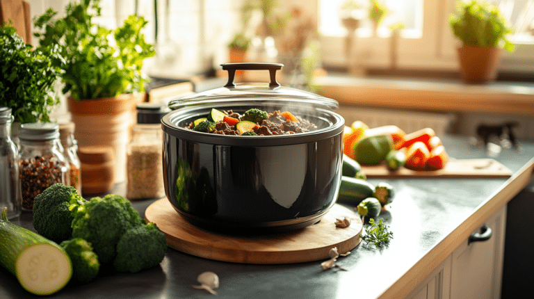 A steaming crockpot filled with keto beef stew surrounded by fresh vegetables.
