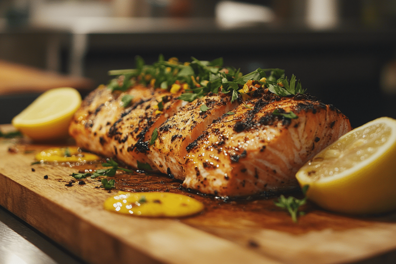 Grilled King Salmon garnished with herbs and lemon on a wooden platter.
