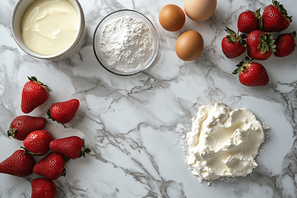 Ingredients for strawberry cheesecake cookies on a marble countertop, including strawberries, cream cheese, and more.