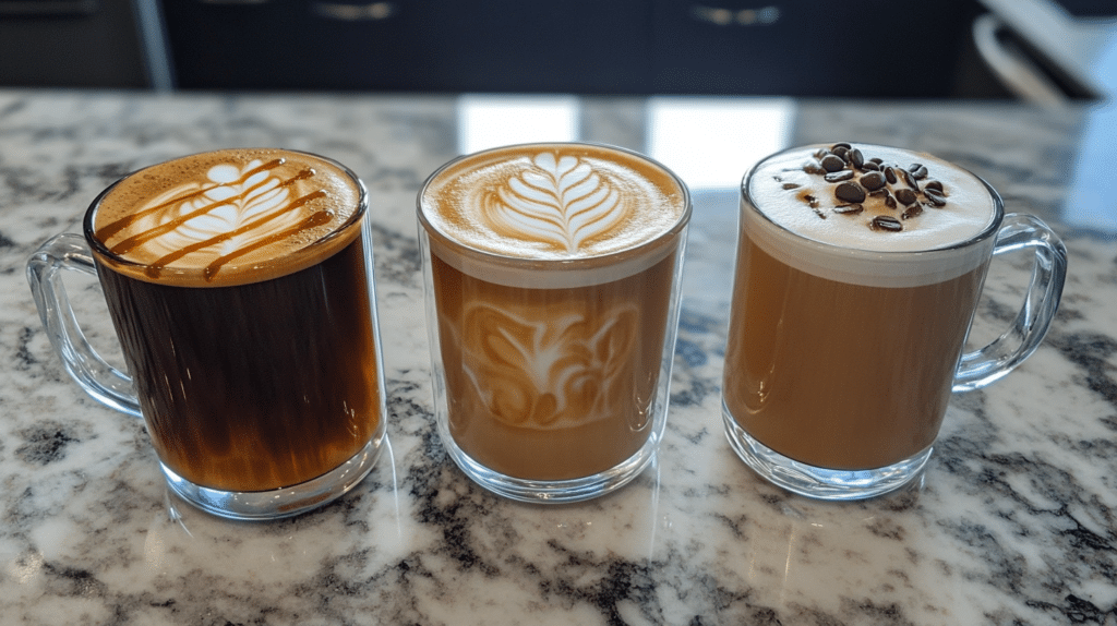 Three variations of breve coffee: iced, vanilla-flavored, and classic hot breve.