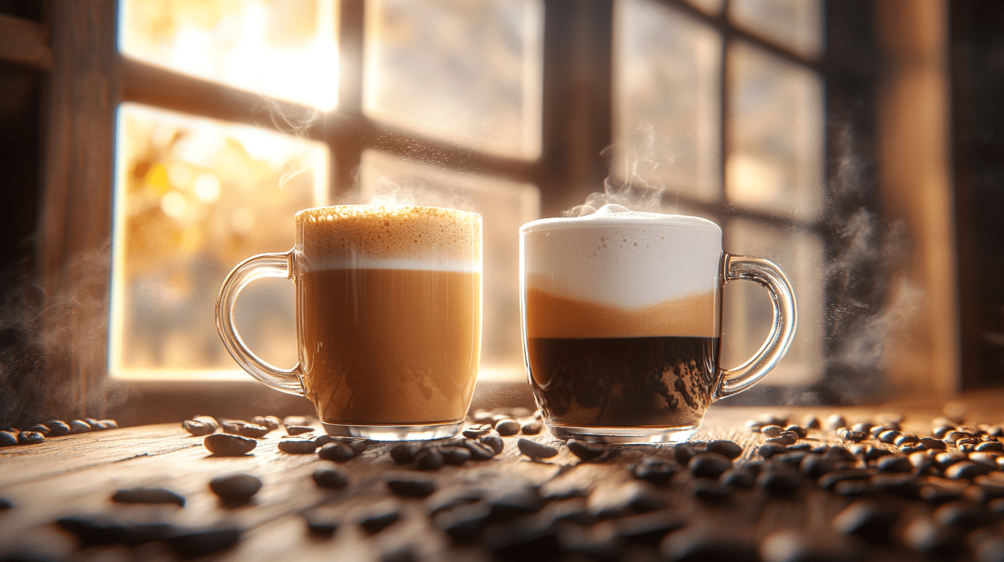 Rich breve coffee and creamy latte side-by-side on a rustic table.