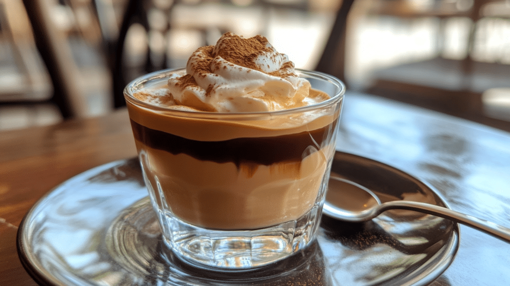 A close-up of a breve coffee cup highlighting its creamy foam and texture.