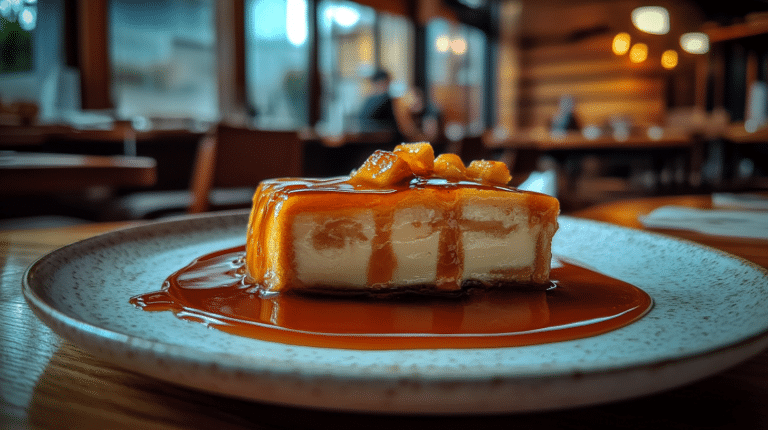 Venezuelan quesillo dessert with caramel glaze on a white plate.