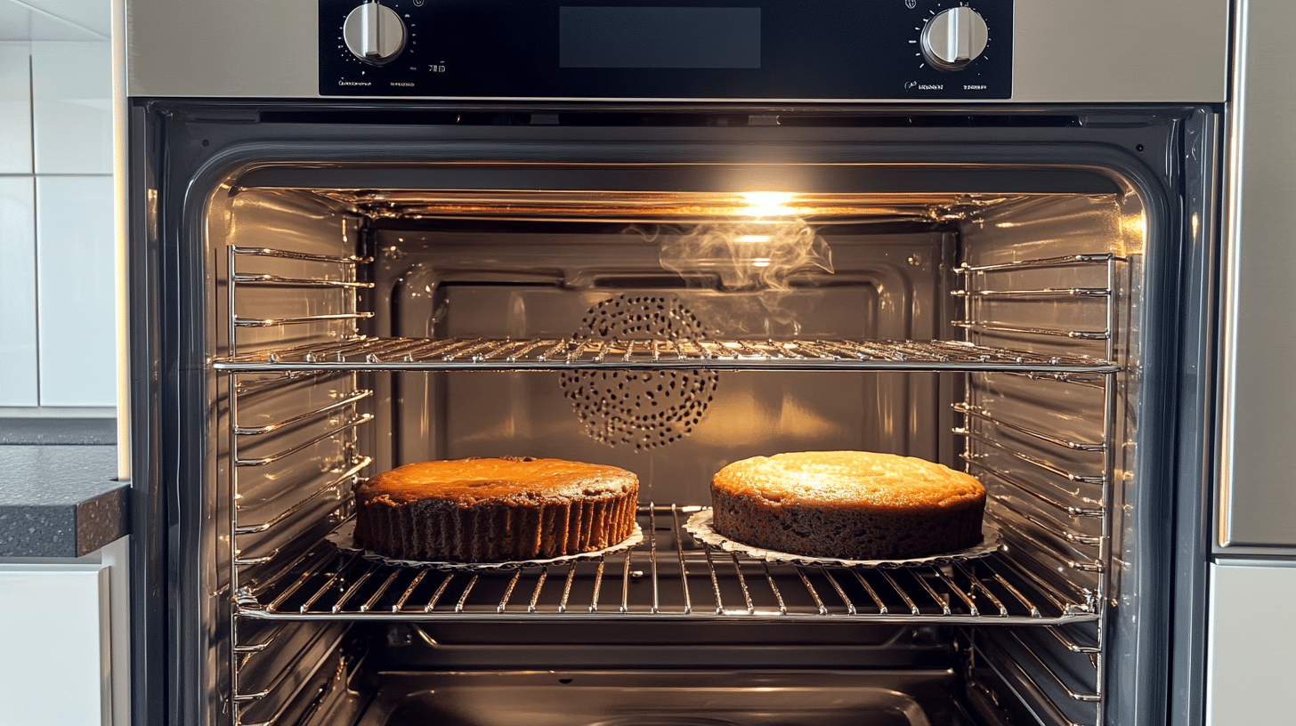 Two cakes baking in the oven, one chocolate and one vanilla, in a modern kitchen.