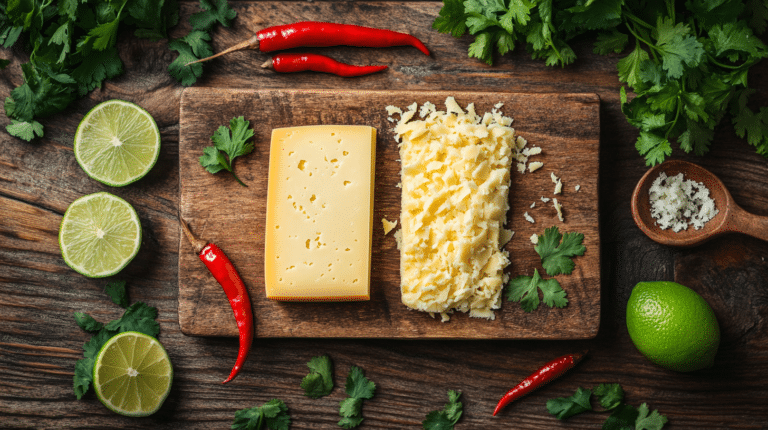 Side-by-side comparison of queso and quesillo cheeses on a rustic wooden board.