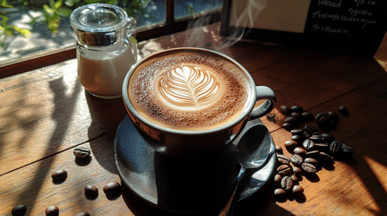 Luxurious cup of breve coffee with creamy foam, surrounded by coffee beans and half-and-half on a wooden table.