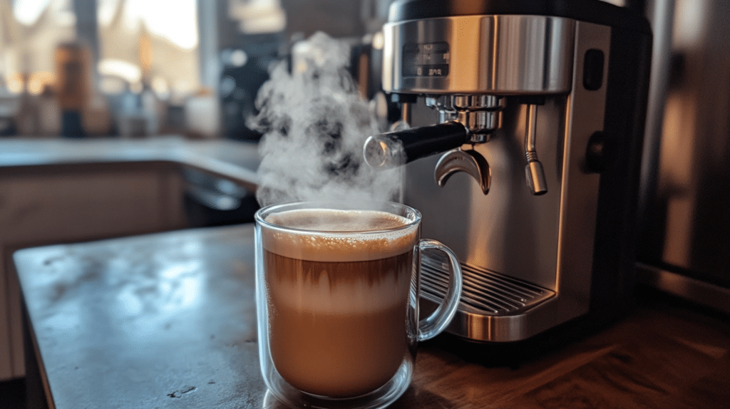 Home barista preparing breve coffee with steamed half-and-half and espresso.
