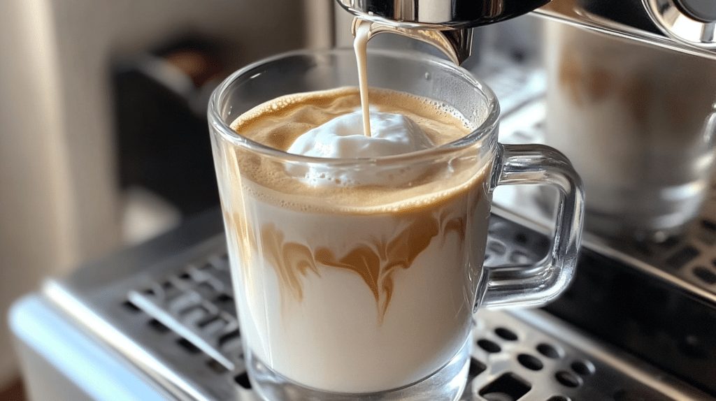 Step-by-step process of making breve coffee at home with an espresso machine and milk frother.