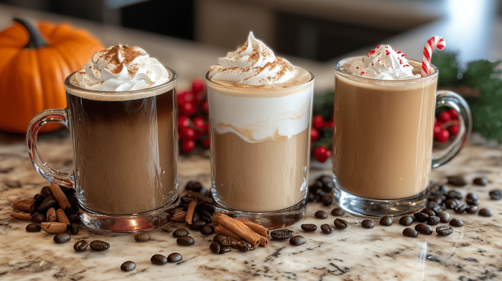 Three variations of breve coffee: pumpkin spice, peppermint mocha, and classic breve latte on a marble surface.