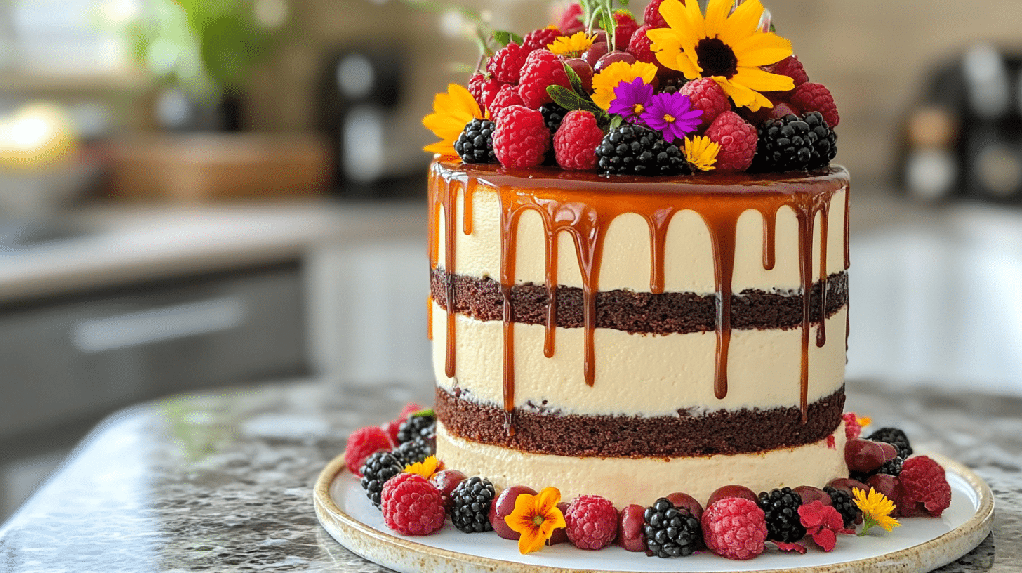 Three-tiered stacked cheesecakes with chocolate, vanilla, and raspberry flavors, topped with caramel drizzle and fresh berries.