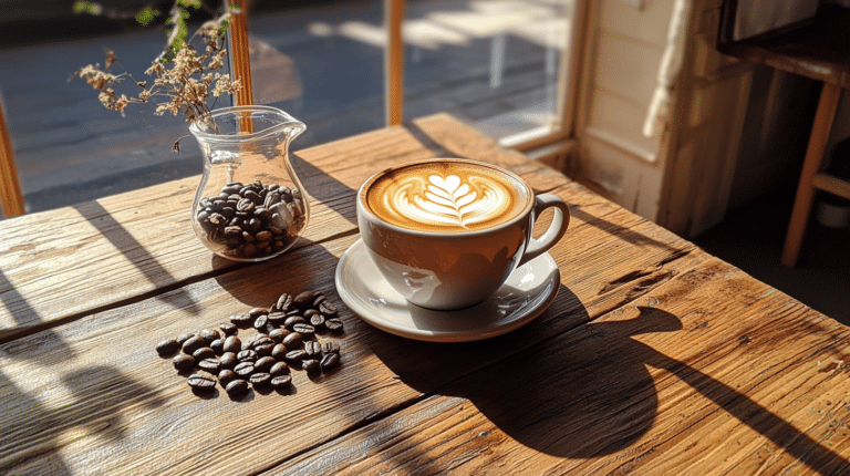 A rich, creamy breve coffee surrounded by coffee beans and half-and-half on a rustic table.