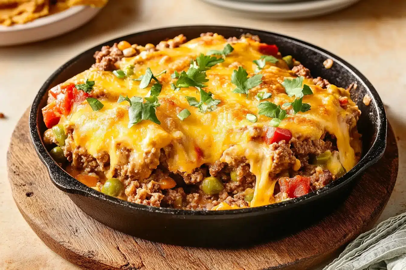 Rustic cattle drive casserole in a cast-iron skillet with a golden cheese topping.