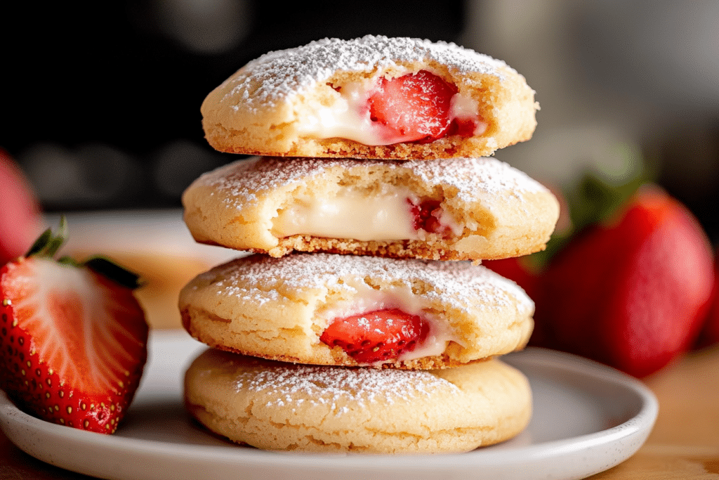 Freshly baked strawberry cheesecake cookies on a white plate with powdered sugar and strawberries.