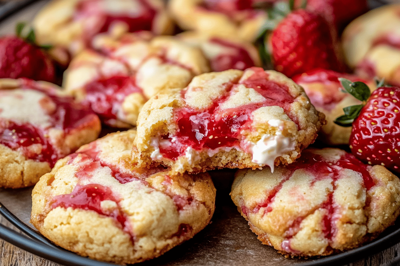 Golden brown strawberry cheesecake cookies with fresh strawberries and strawberry sauce on a rustic table.