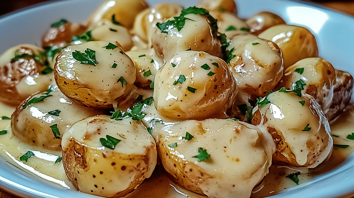 Creamy garlic sauce baby potatoes on a plate, garnished with parsley