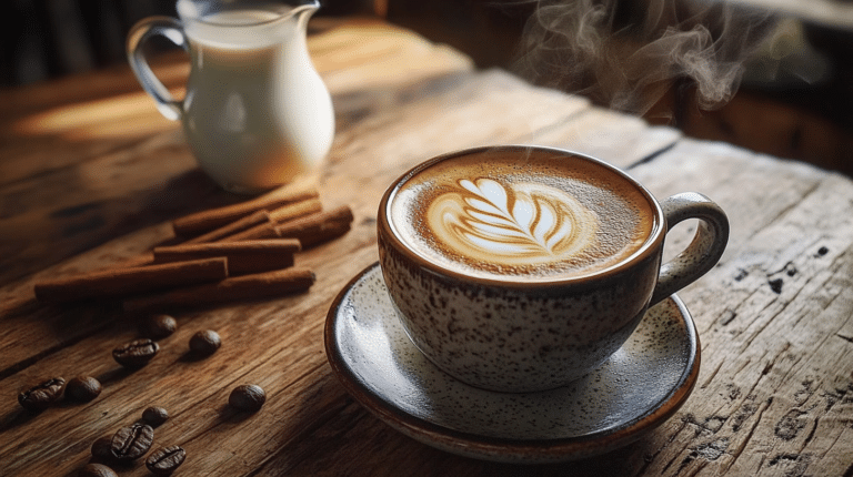 Steaming breve coffee in a ceramic mug on a rustic wooden table with cinnamon sticks and half-and-half.