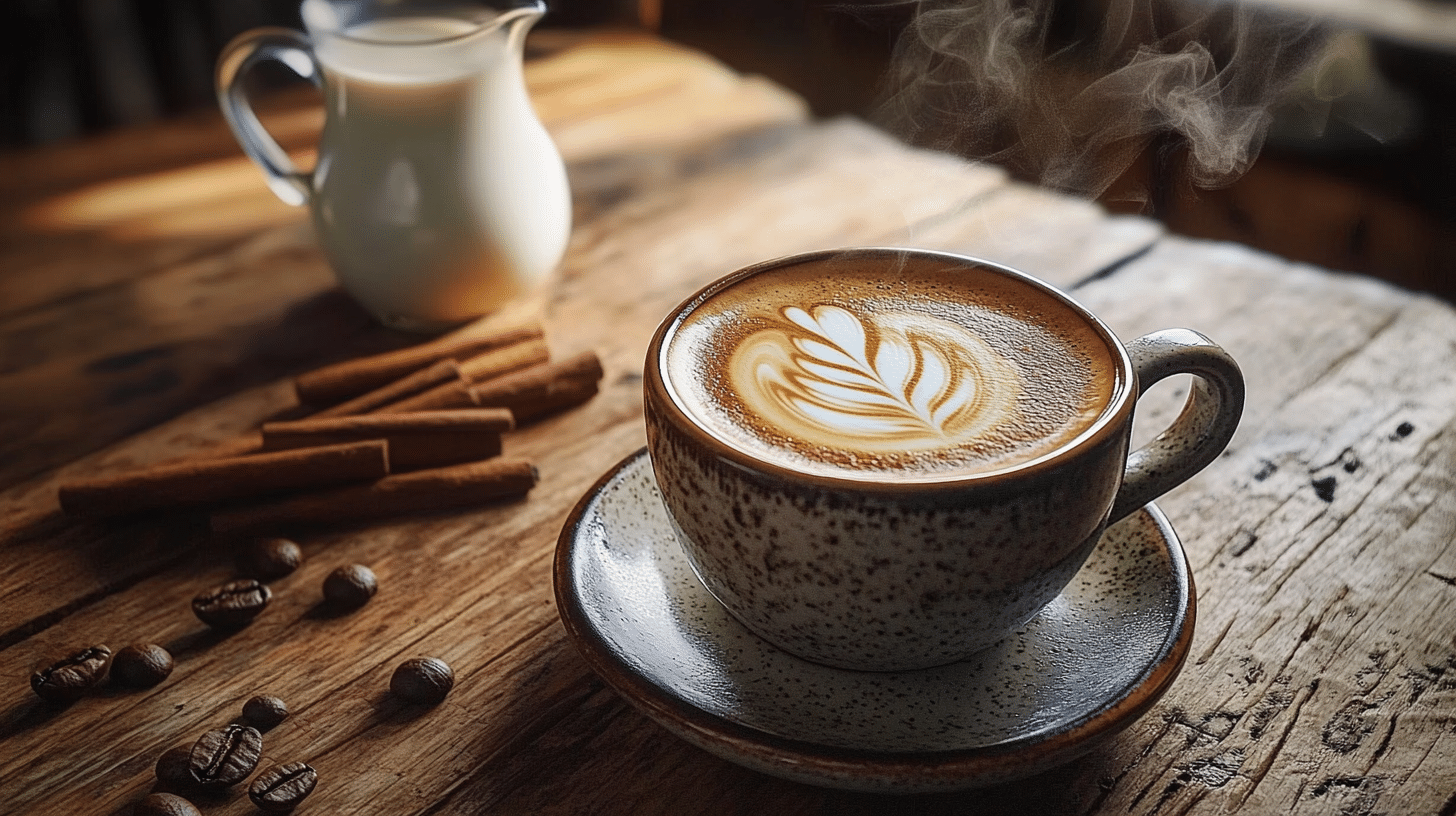 Steaming breve coffee in a ceramic mug on a rustic wooden table with cinnamon sticks and half-and-half.
