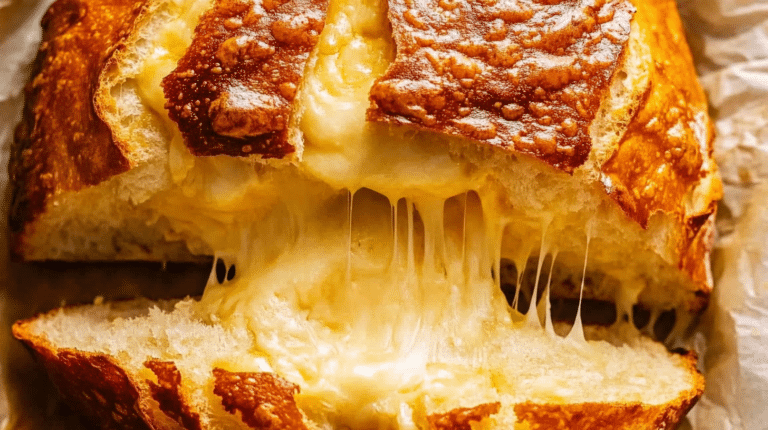 A close-up of a freshly baked loaf of cheese bread, golden brown and crusty on the outside, with melted cheese oozing out. Steam rises from the bread, creating a warm and inviting atmosphere.