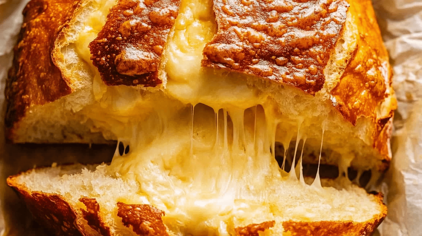 A close-up of a freshly baked loaf of cheese bread, golden brown and crusty on the outside, with melted cheese oozing out. Steam rises from the bread, creating a warm and inviting atmosphere.