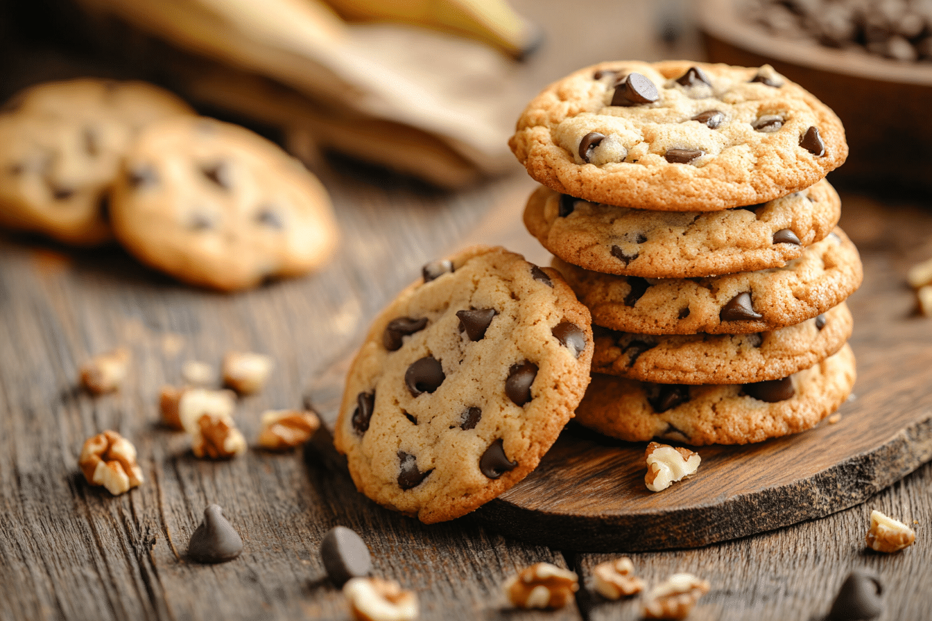 Freshly baked banana bread cookies on a wooden table with chocolate chips and nuts.