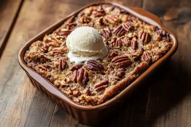 Freshly baked pecan dump cake with ice cream