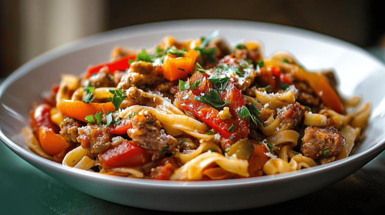 Delicious Italian Drunken Noodles with sausage and vegetables.