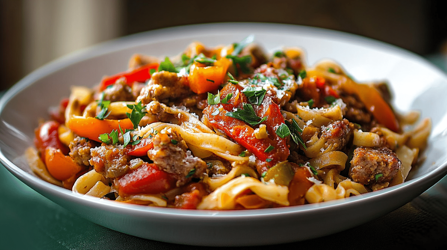 Delicious Italian Drunken Noodles with sausage and vegetables.