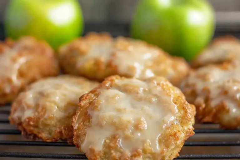 Golden-brown baked apple fritters drizzled with vanilla glaze, cooling on a wire rack with fresh green apples in the background.