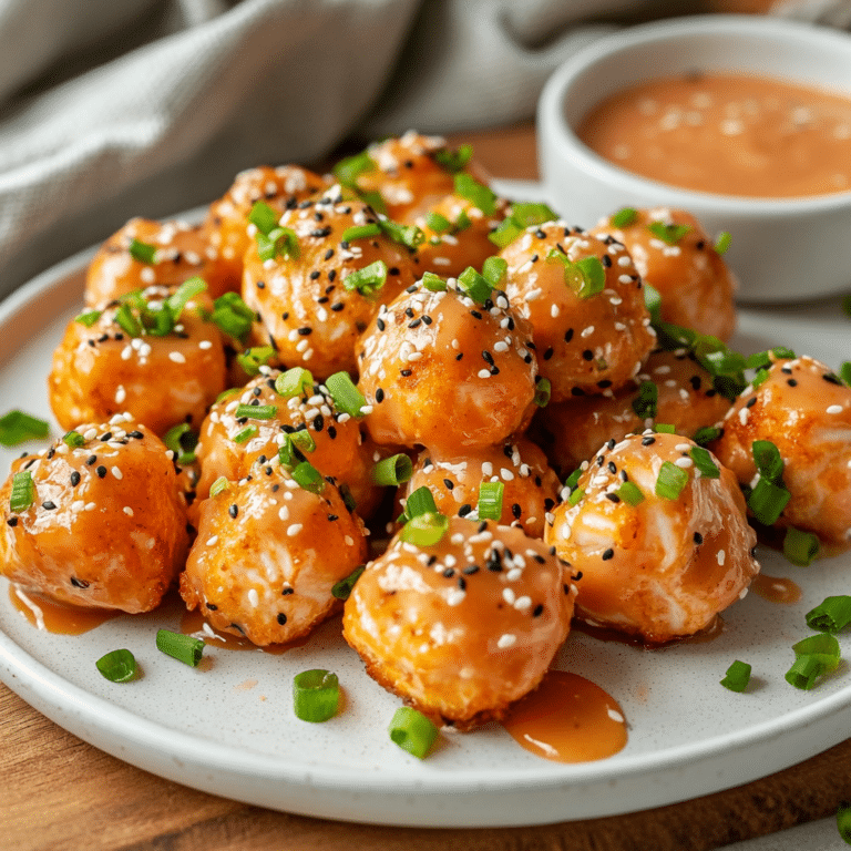 Crispy bang bang salmon bites coated in sauce, served with garnishes on a white plate.