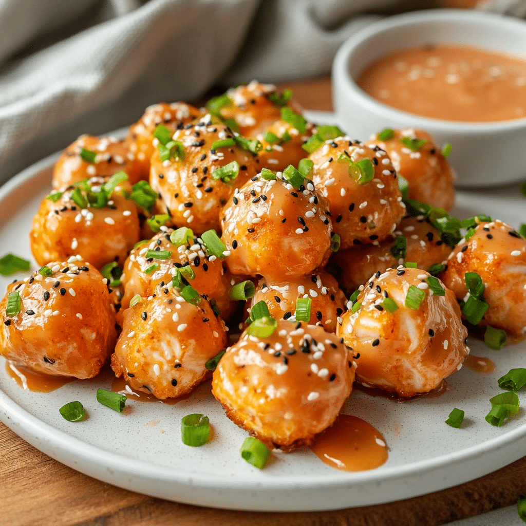 Crispy bang bang salmon bites coated in sauce, served with garnishes on a white plate.
