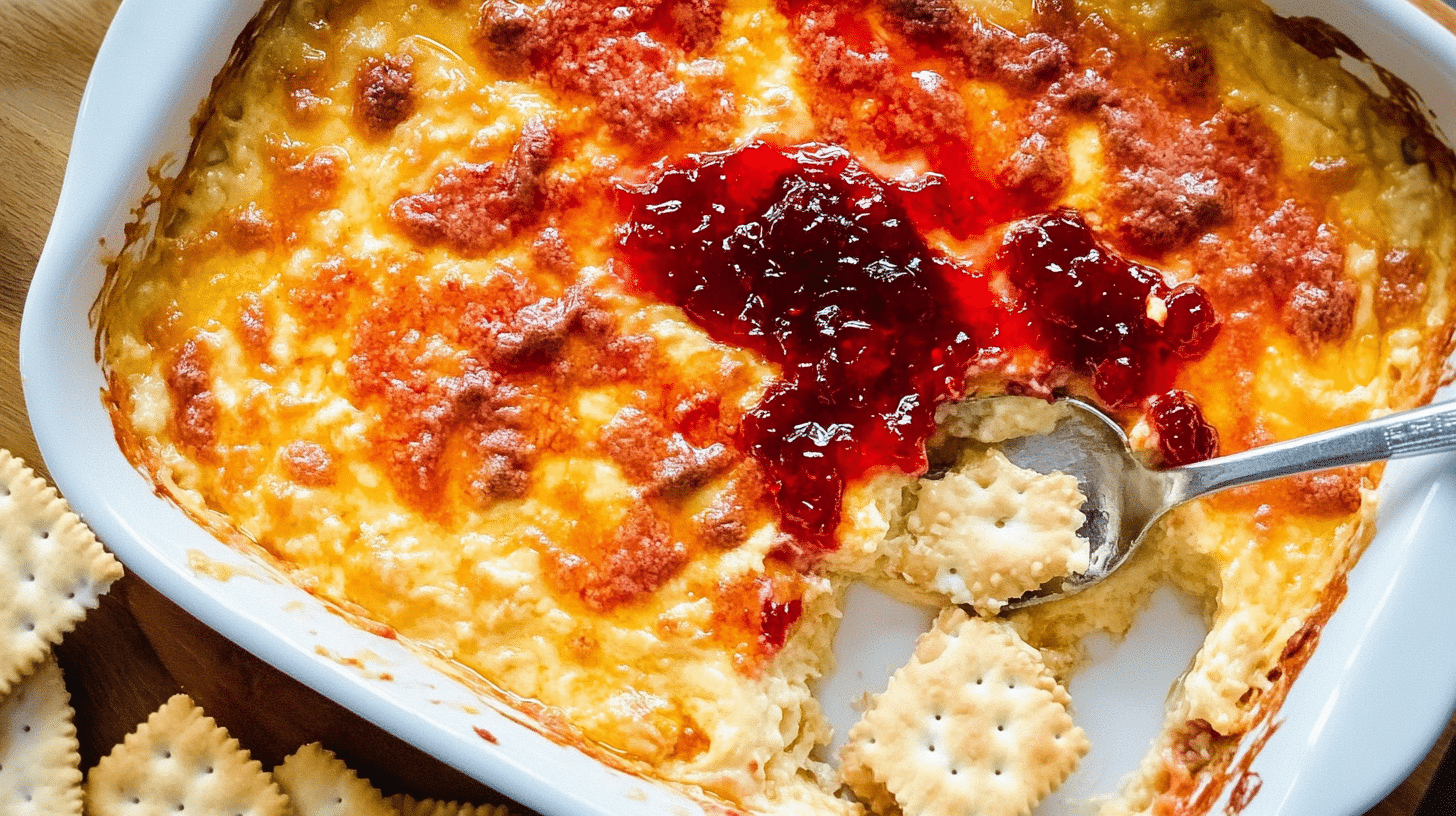 Pepper jelly cheese dip in a baking dish with crackers around it.