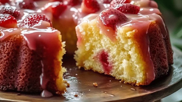 Sliced pineapple strawberry pound cake on a wooden stand with fruit pieces visible.