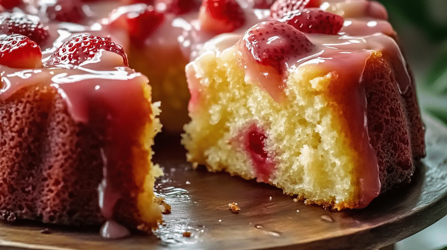 Sliced pineapple strawberry pound cake on a wooden stand with fruit pieces visible.