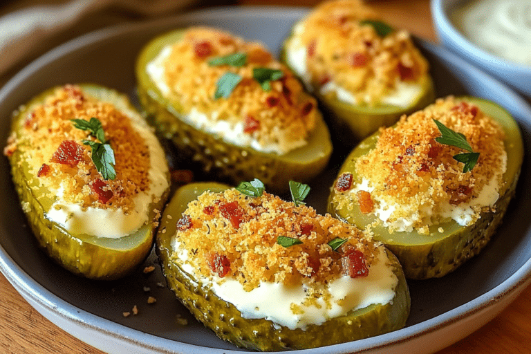 Golden air fryer stuffed pickles on a ceramic plate with creamy filling and ranch dip in cozy kitchen setting.